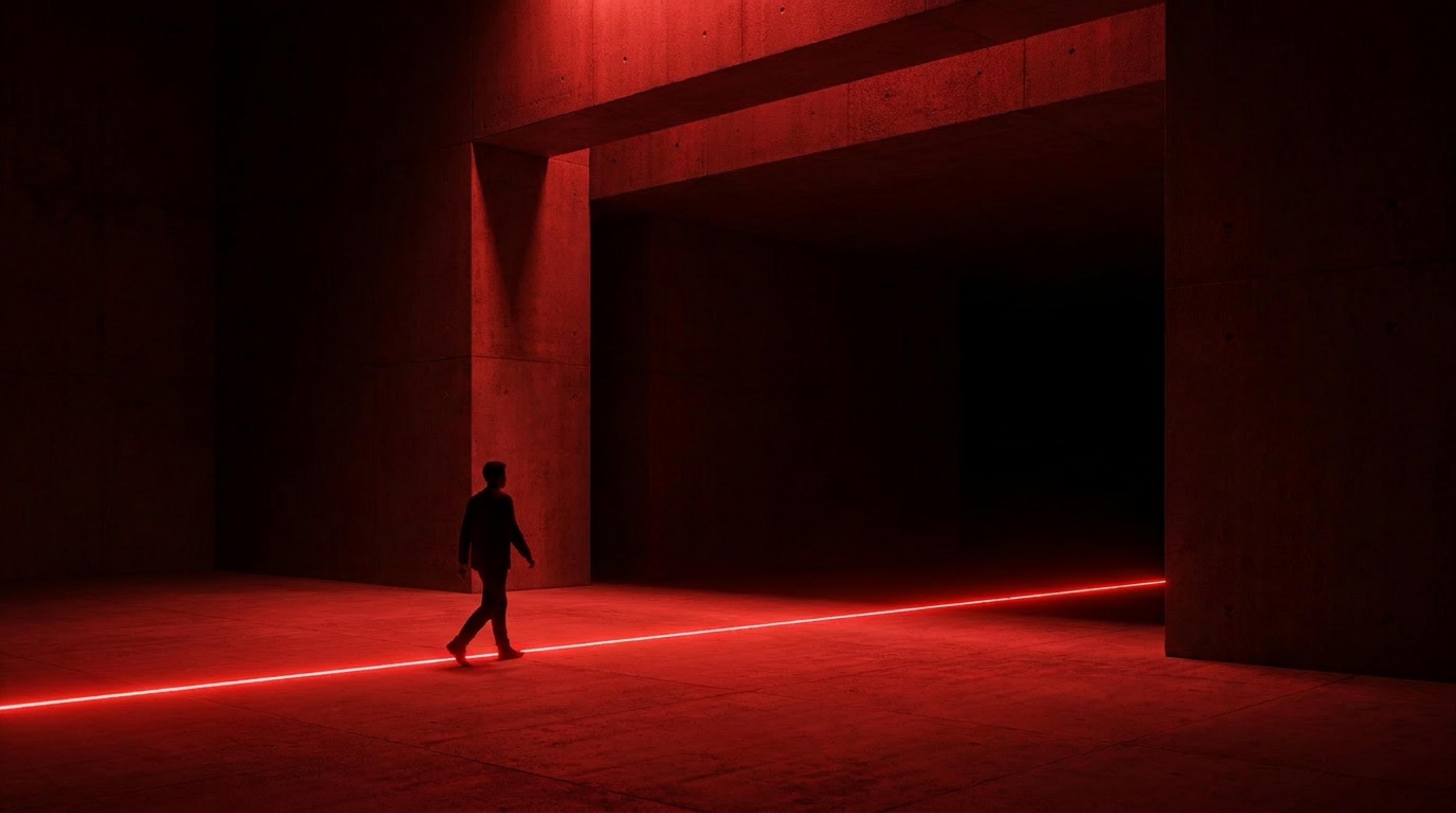 A figure walking through a vast concrete hall with a glowing red line cutting across the floor