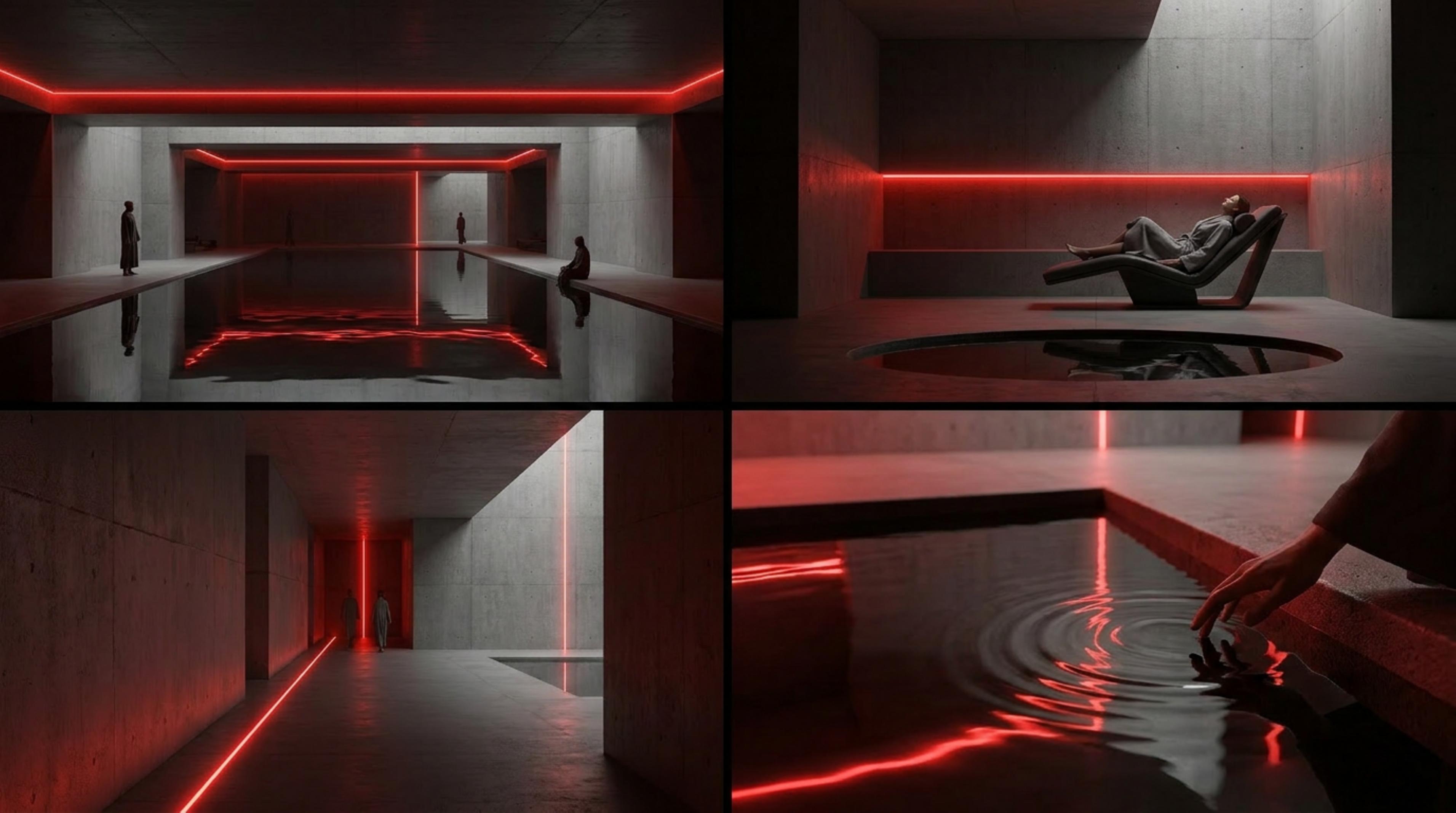 A still meditation pool framed by red-lit alcoves with seated silhouettes