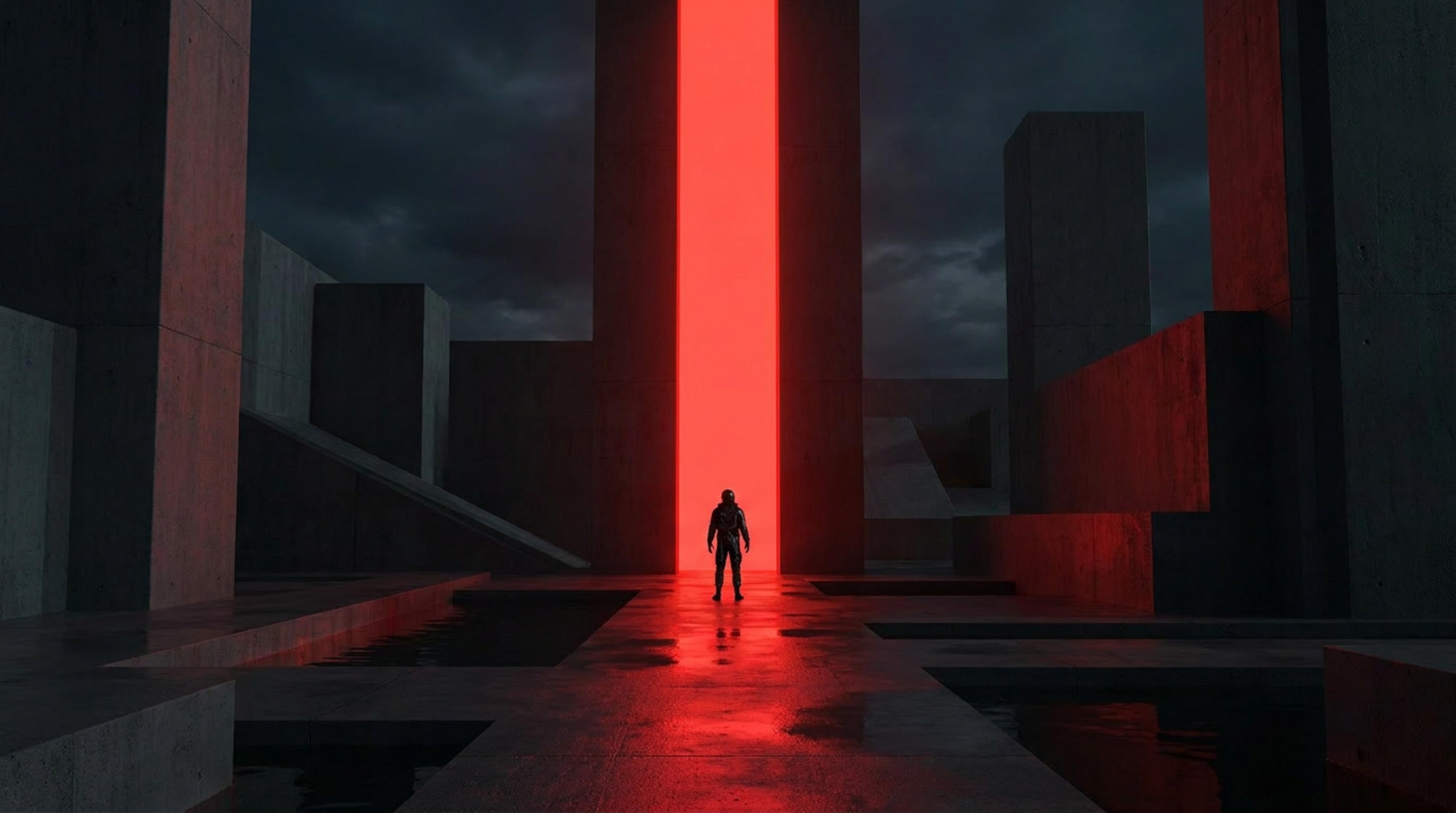A lone figure standing in a vast concrete chamber, lit by a single beam of red light