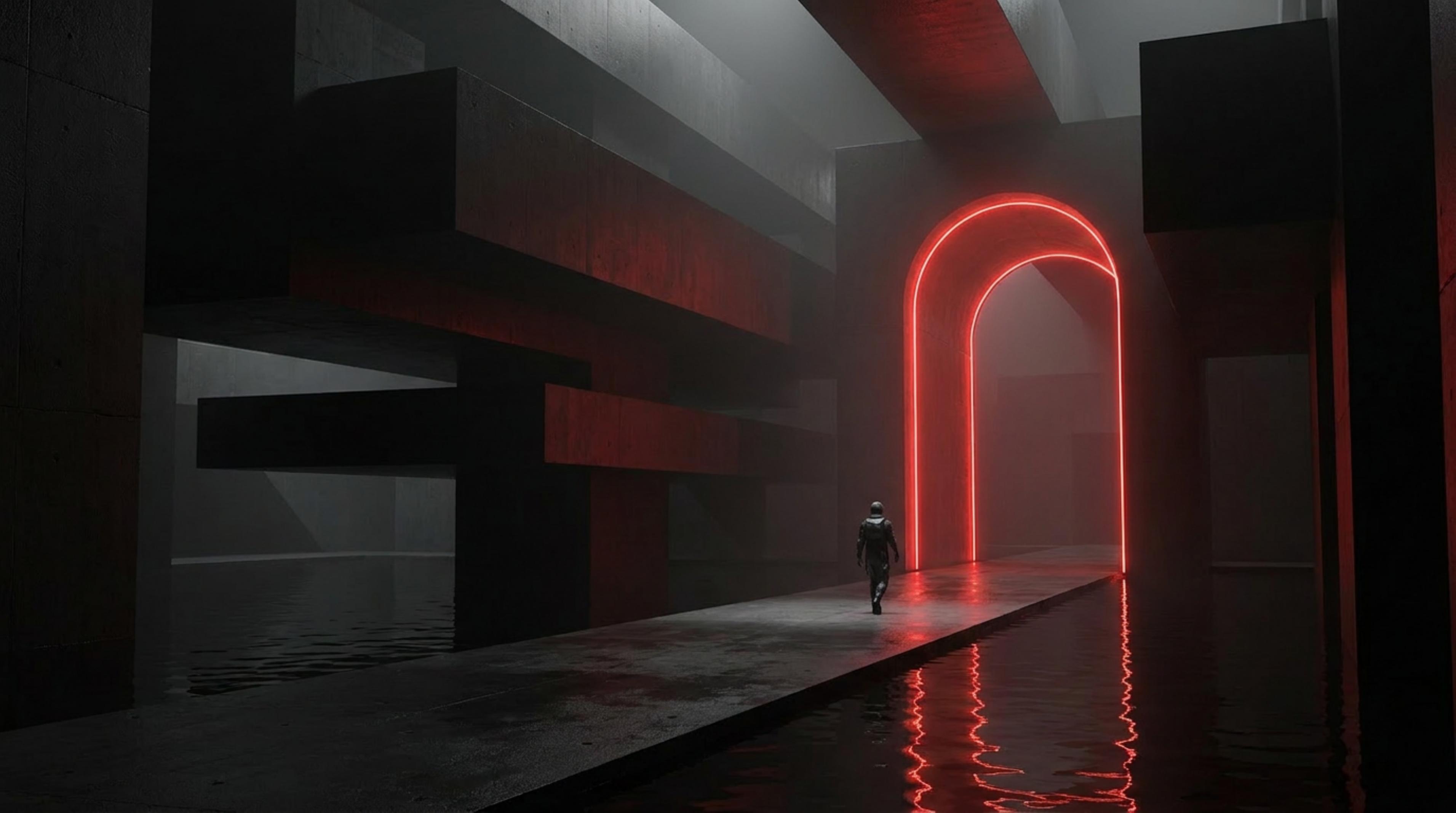 A figure walking toward a luminous red circular portal in a brutalist space
