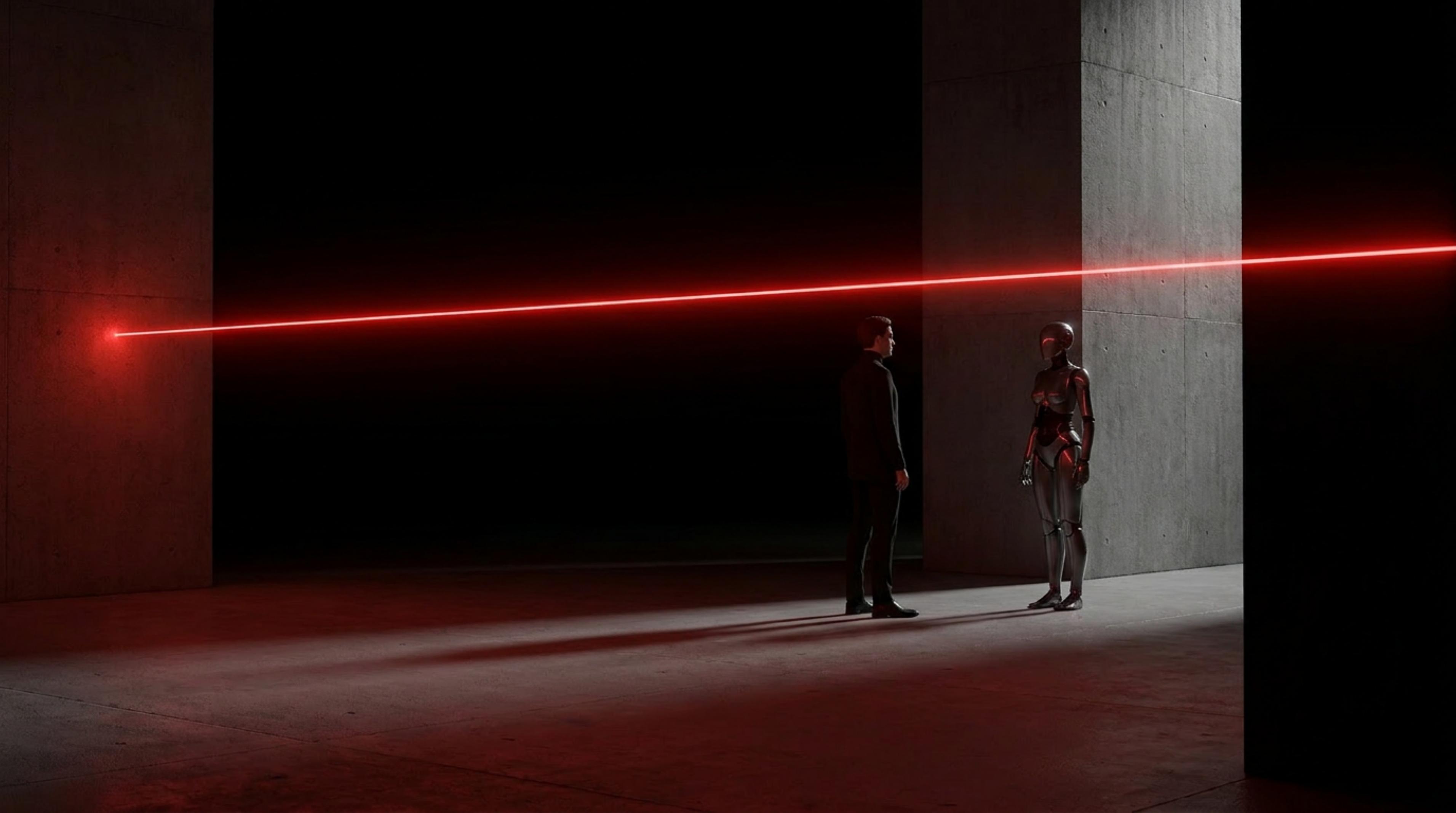 A man facing a monumental screen showing a humanoid robot with a red light across its eyes